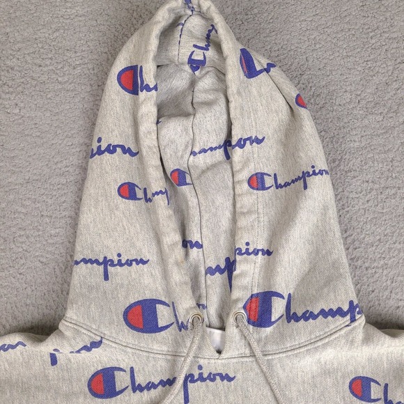 Champion Reverse Weave Hoodie Sweatshirt Mens Large All Over Print Spellout Gray - Picture 6 of 16